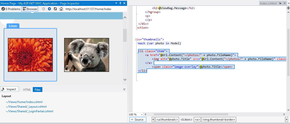 Screenshot che mostra la finestra Controllo pagina e l'editor di Visual Studio con il tipo di elemento visualizzato e il markup di origine corrispondente evidenziato.
