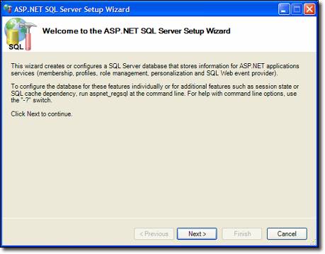 Screenshot che mostra un programma di installazione guidata del server A S P dot NET S Q L.