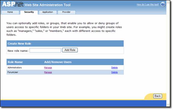 Screenshot che mostra uno strumento di amministrazione del sito Web A S P punto N E T con il pulsante Aggiungi ruolo.