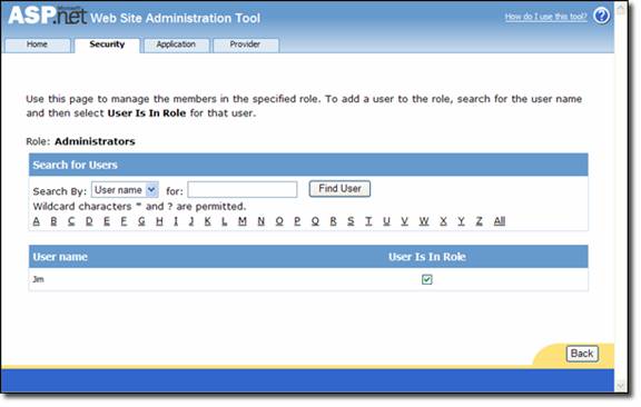 Screenshot che mostra uno strumento di amministrazione sito Web A P punto N E T con il pulsante Trova utente.