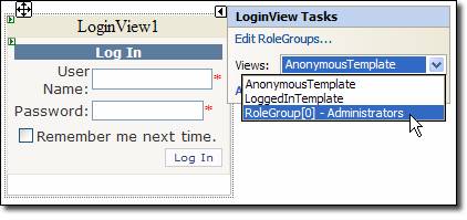 Screenshot che mostra il controllo Visualizzazione accesso nella finestra di dialogo Login View Tasks con un elenco a discesa e un gruppo di ruoli selezionato.