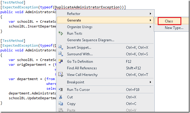 Screenshot che mostra l'opzione Genera selezionata nel sottomenu Classe.