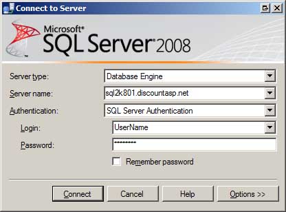 Screenshot della finestra di dialogo Connetti al server, che mostra le informazioni sul server dati dell'host Web nei campi di testo.