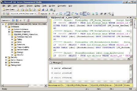 Screenshot della finestra Microsoft SQL Server Management Studio, che mostra i comandi dei file di script eseguiti nel server di produzione.