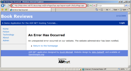 Screenshot che mostra la pagina di errore configurata visualizzata.