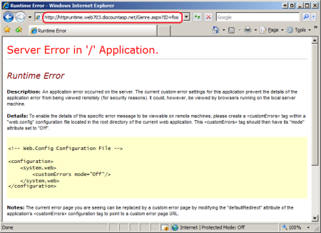 Screenshot che mostra come l'errore di runtime YSOD non include dettagli sull'errore.