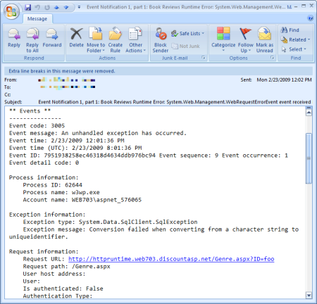 Screenshot che mostra i dettagli dell'errore inviati nel messaggio di posta elettronica.