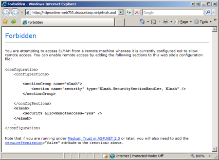 Screenshot che mostra che i visitatori remoti non possono visualizzare la pagina Web del log degli errori.