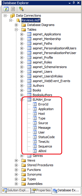 Screenshot che mostra gli errori del provider di log degli errori Q L scritti nella tabella.