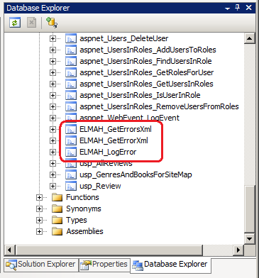 Screenshot che mostra come il provider di log degli errori Q L di S usa tre stored procedure.