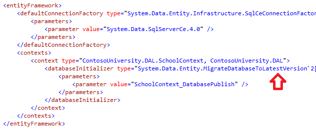 Screenshot che evidenzia dove il processo di distribuzione configurato Migrazioni Code First per aggiornare automaticamente il database alla versione più recente.
