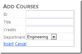 Screenshot della finestra di Internet Explorer, che mostra i campi di testo Aggiungi corsi con ID, Titolo e Crediti e un elenco a discesa Reparto.
