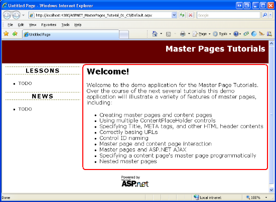 La pagina master definisce il markup per le parti superiore, sinistra e inferiore