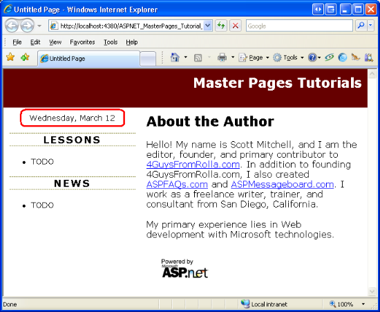 Le modifiche apportate alla pagina master vengono riflesse durante la visualizzazione di una pagina contenuto