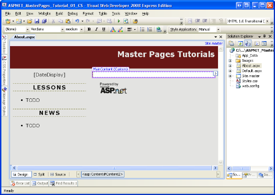 La visualizzazione progettazione della pagina contenuto visualizza sia il contenuto della pagina Page-Specific che della pagina master