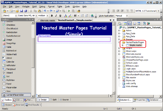 Pagina master punto semplice quando viene caricata nella Designer di Visual Studio.