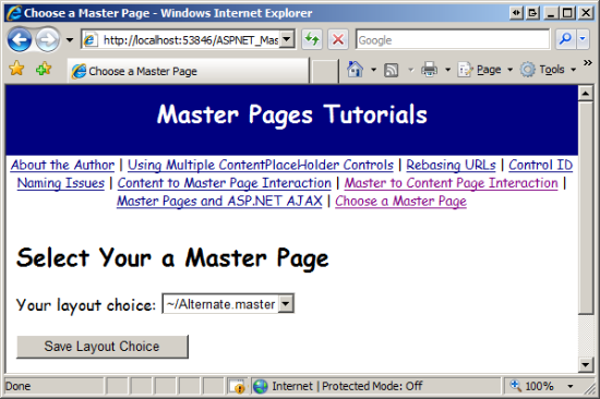 Le pagine di contenuto vengono ora visualizzate usando la pagina master alternate.master