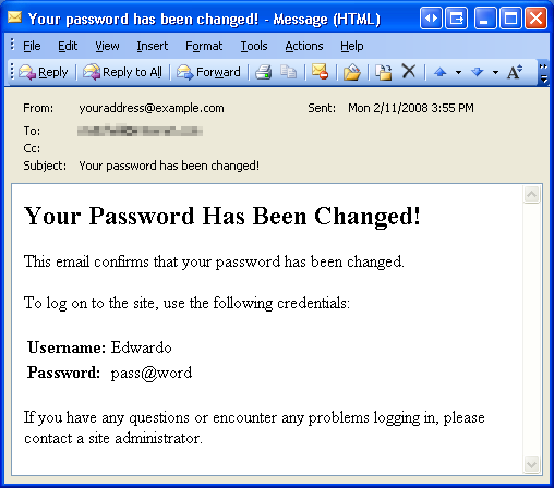 Un messaggio di Email informa l'utente che la password è stata modificata