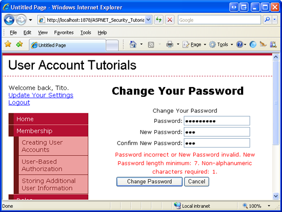 Viene visualizzato un messaggio di errore se si immette una nuova password che non soddisfa i requisiti di lunghezza della password e caratteri non alfanumerici.