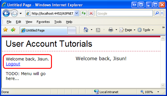 Default.aspx Mostra il benvenuto, Jisun insieme a un collegamento LogoutButton