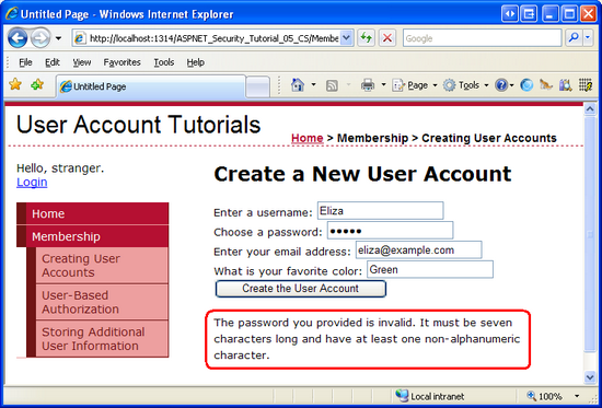 L'account utente non viene creato perché la password specificata è troppo debole