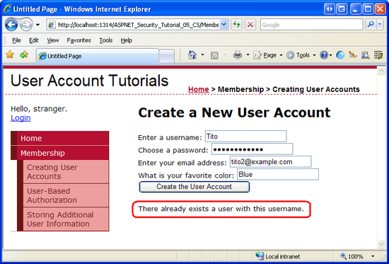 L'account utente non viene creato perché il nome utente è già in uso