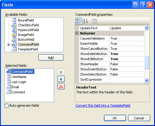 I campi di GridView possono essere configurati tramite la finestra di dialogo Campi