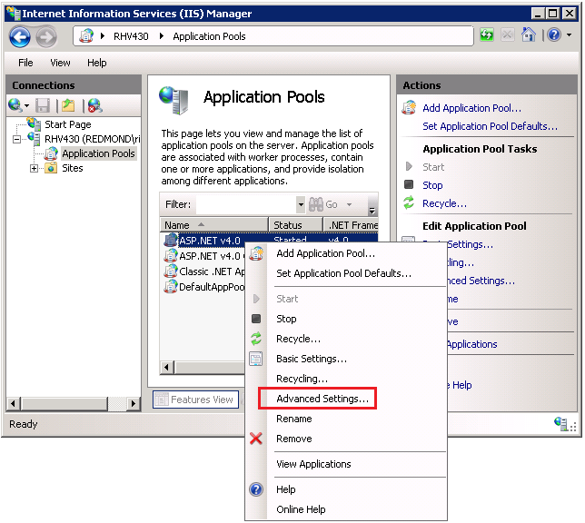 Screenshot di Internet Information Services Manager che mostra il menu Impostazioni avanzate evidenziato con un rettangolo rosso.
