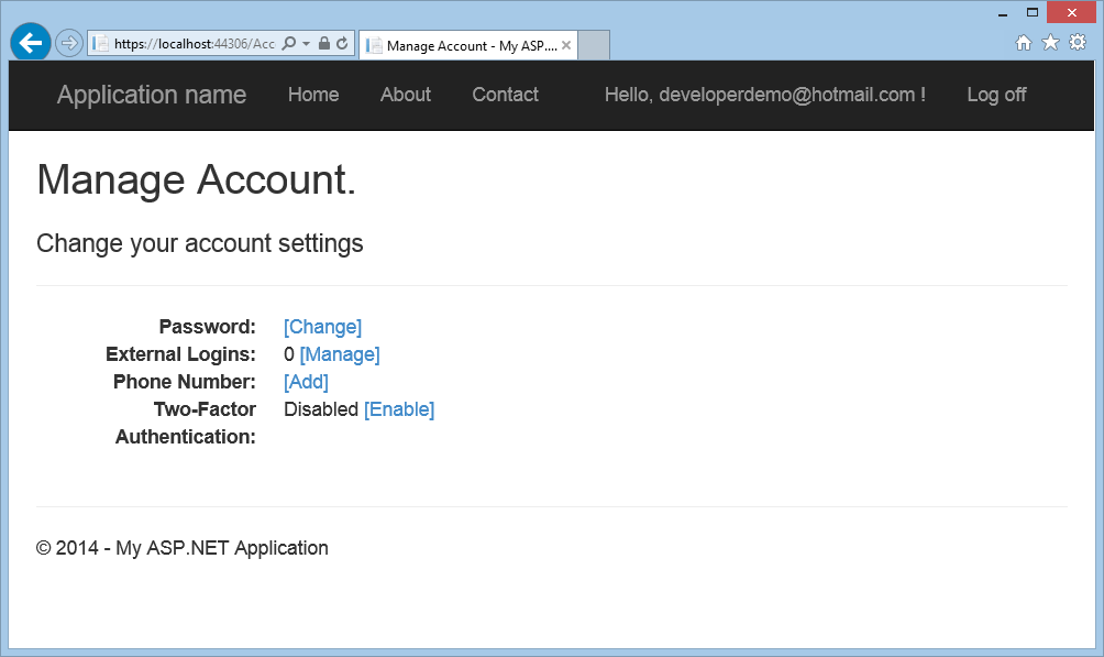 Screenshot della finestra Gestisci browser account che mostra l'elenco delle impostazioni dell'account e i collegamenti di opzione per modificarli.
