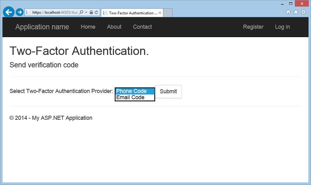  Screenshot della finestra del browser di autenticazione Two-Factor che mostra l'elenco a discesa Seleziona provider di autenticazione Two-Factor.