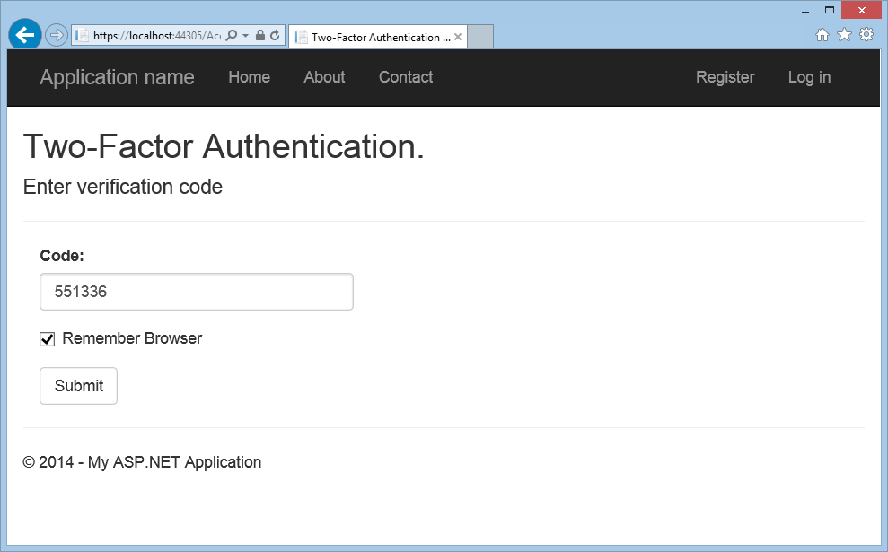 Screenshot della finestra del browser di autenticazione Two-Factor che mostra il campo Codice con il codice di verifica immesso e il pulsante Invia.