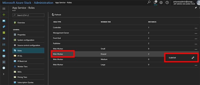 Ruoli di scaleSet servizio app nel portale di amministrazione dell'hub di Azure Stack