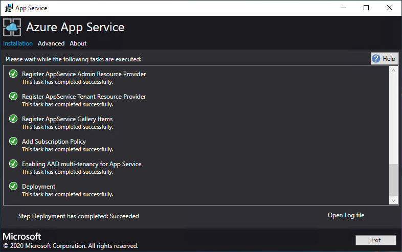 Screenshot che mostra lo stato di avanzamento della distribuzione eseguito dal programma di installazione di servizio app