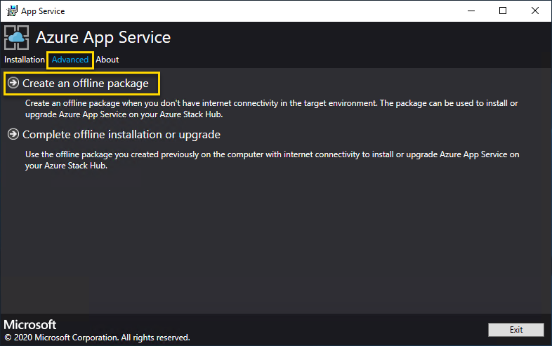 Screenshot che mostra le Servizio app di Azure in Opzioni avanzate del programma di installazione dell'hub di Azure Stack.