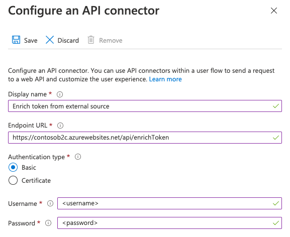 Screenshot showing sample authentication configuration for an API connector.