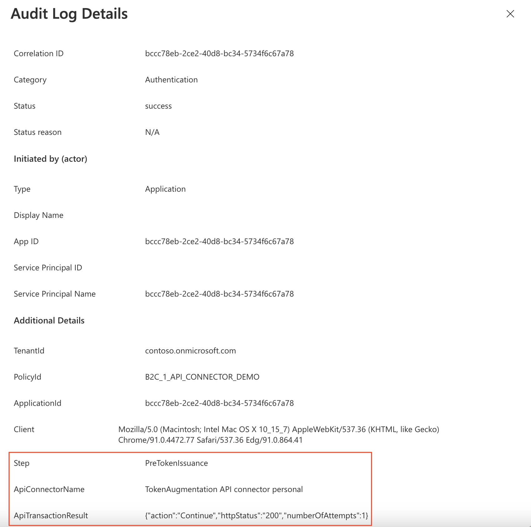 Screenshot of an example audit log with API connector transaction.