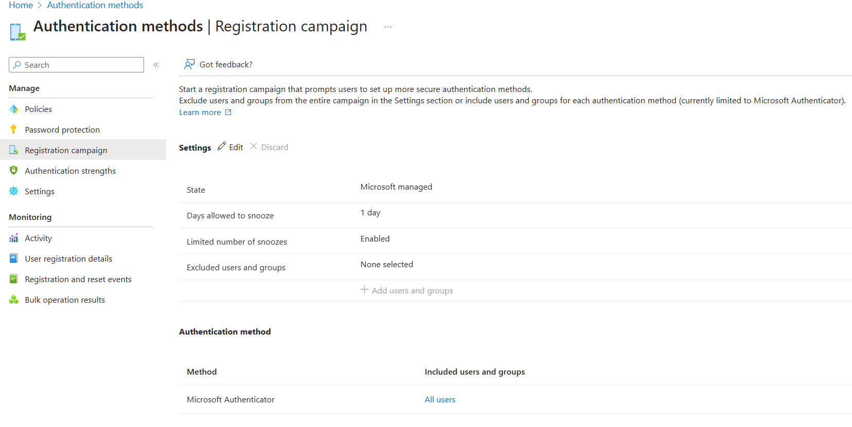 Screenshot dell'abilitazione di una campagna di registrazione.