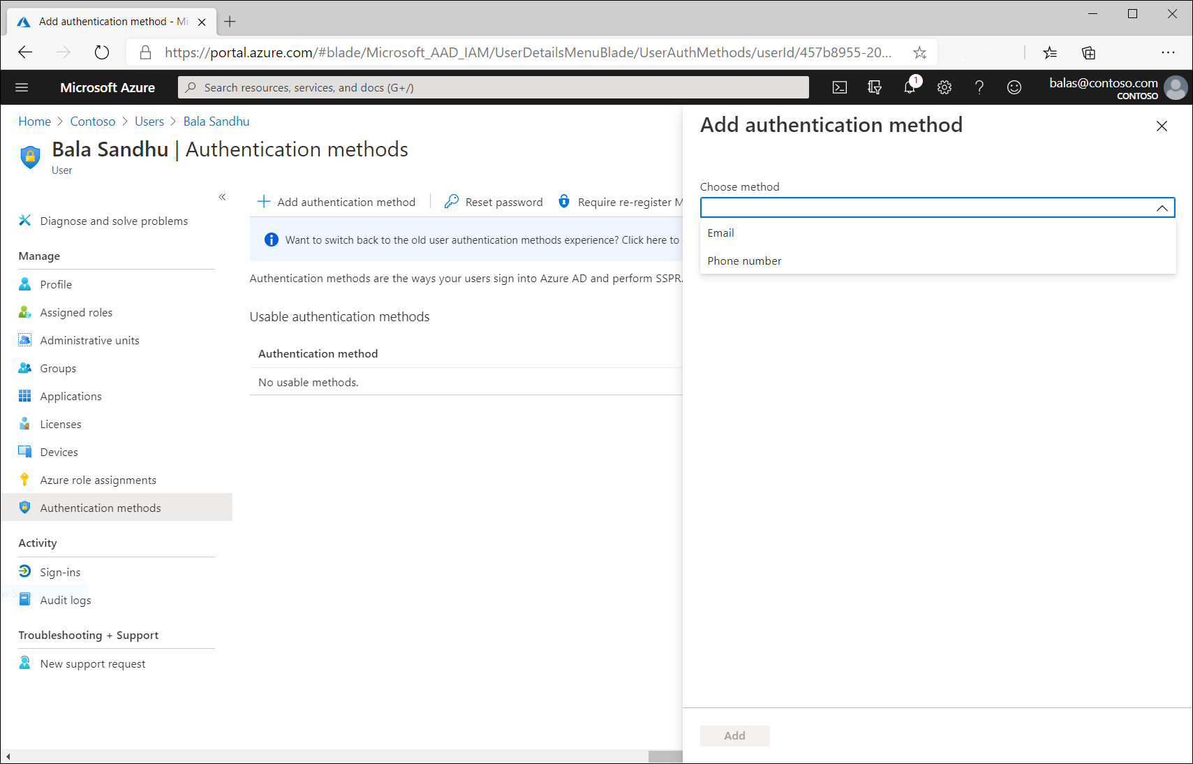 Screenshot dell'aggiunta di metodi di autenticazione dall'interfaccia di amministrazione di Microsoft Entra.