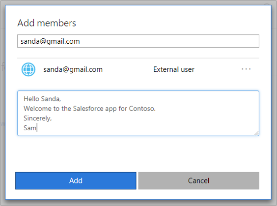 Screenshot che mostra la finestra Aggiungi membri per l'aggiunta di un guest.