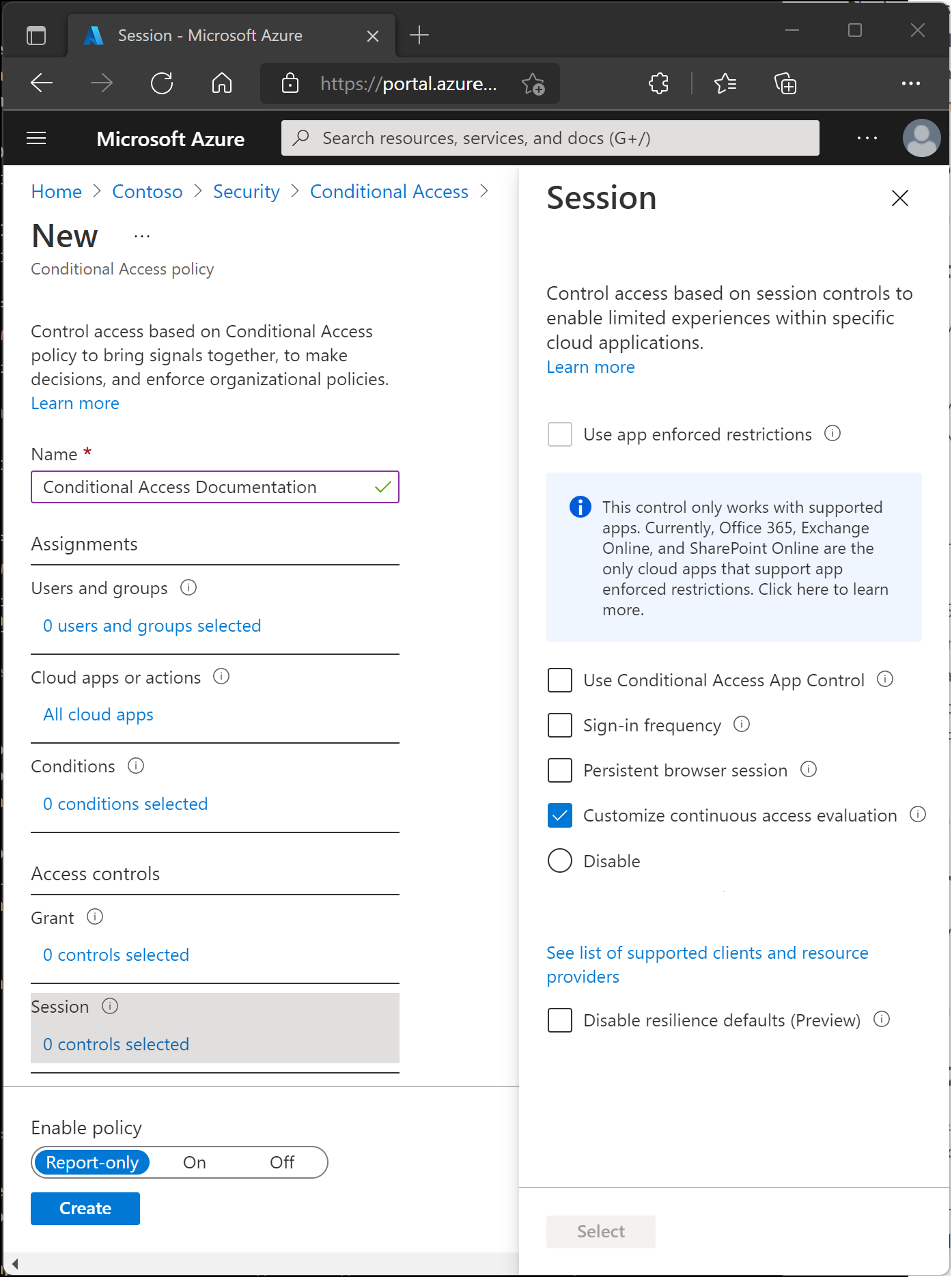CAE Settings in a new Conditional Access policy in the Azure portal.