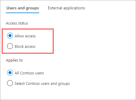 Screenshot che mostra lo stato di accesso di utenti e gruppi per la connessione diretta b2b in uscita
