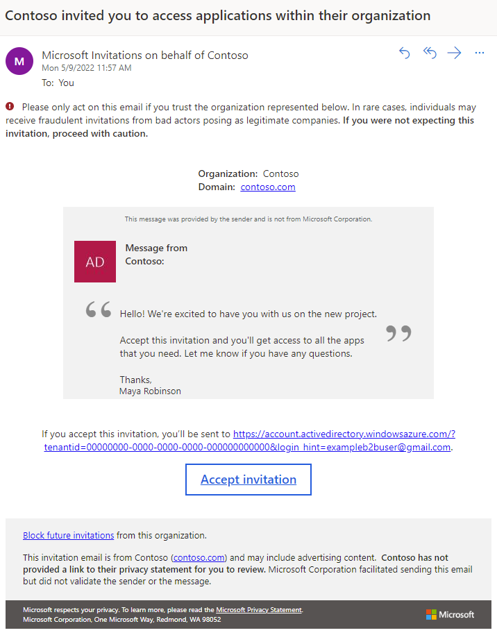 Screenshot che mostra il messaggio di posta elettronica di invito B2B.