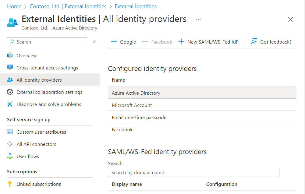Screenshot che mostra la pagina Provider di identità.