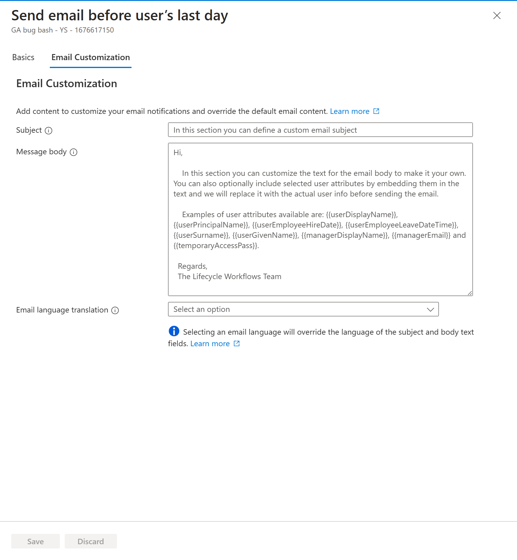 Screenshot delle opzioni di posta elettronica di personalizzazione.