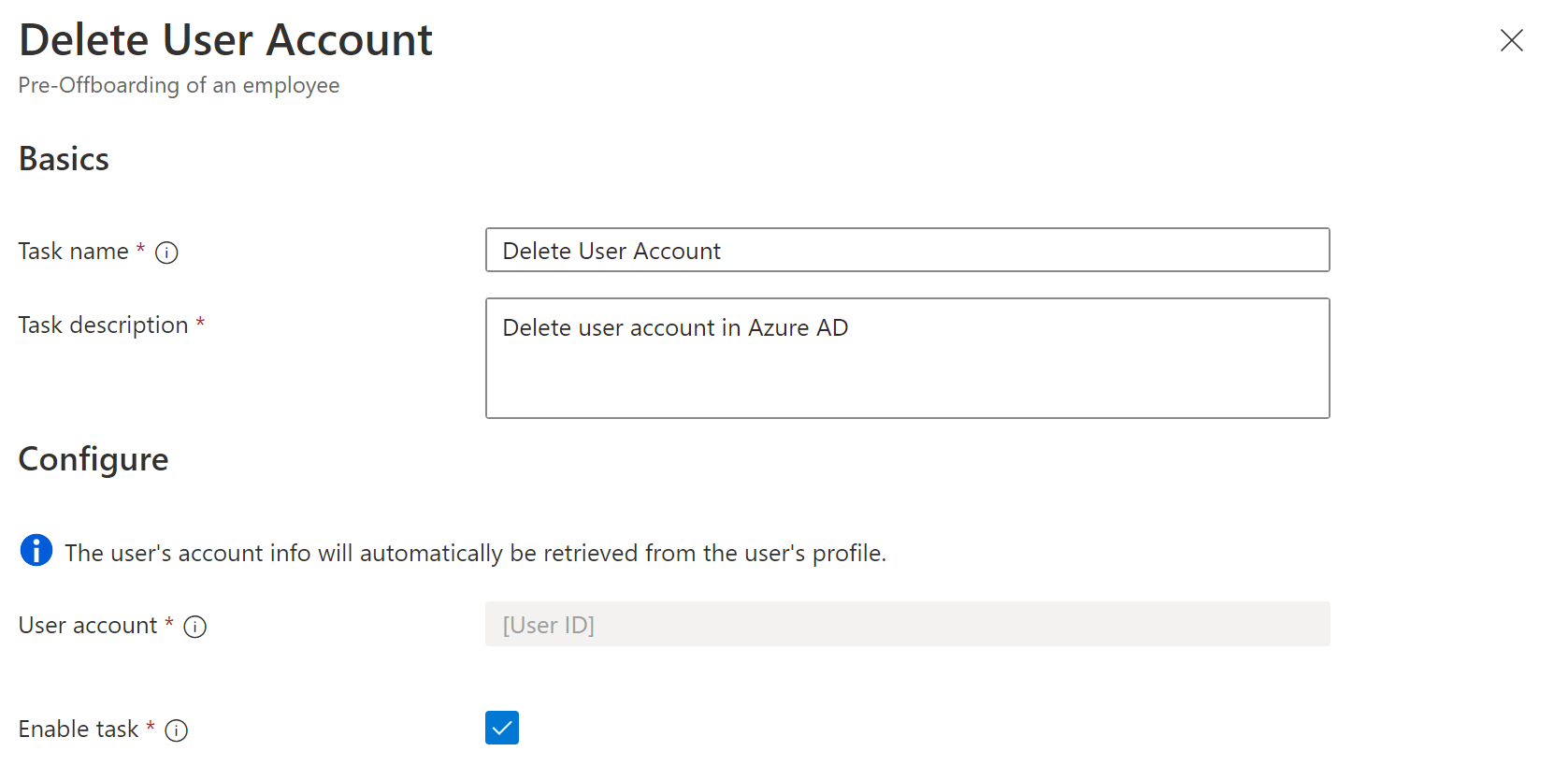 Screenshot dell'attività Flussi di lavoro: Elimina account utente.