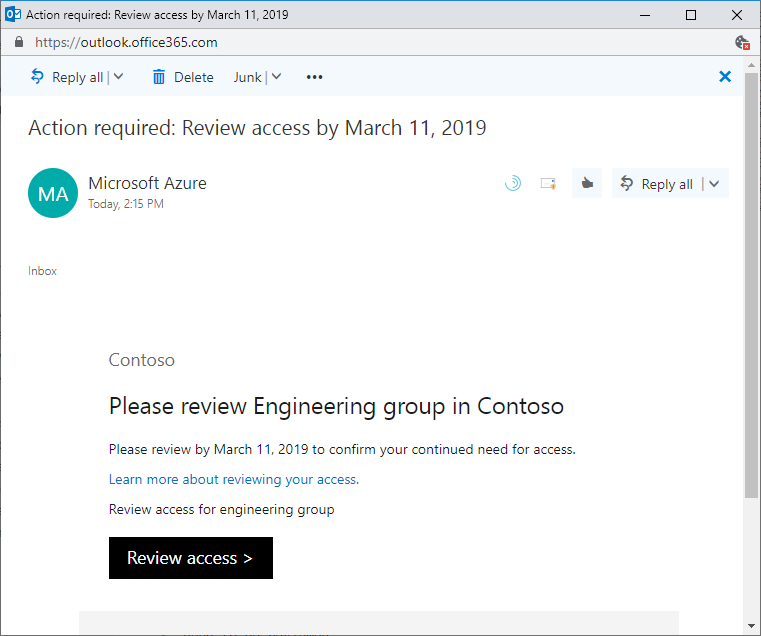 Indirizzo di posta elettronica di esempio da Microsoft per esaminare l'accesso a un gruppo