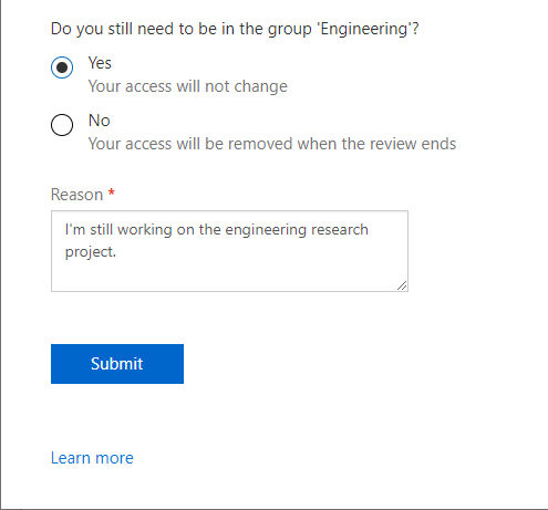 Screenshot che mostra una verifica di accesso completata che chiede se è ancora necessario accedere a un gruppo, con l'opzione 