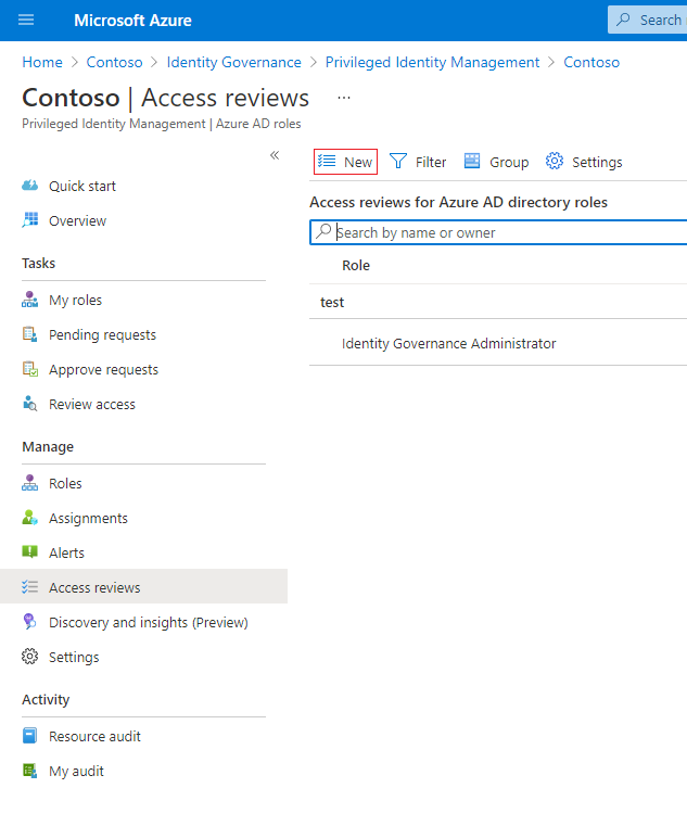 Azure AD roles - Access reviews list showing the status of all reviews screenshot.