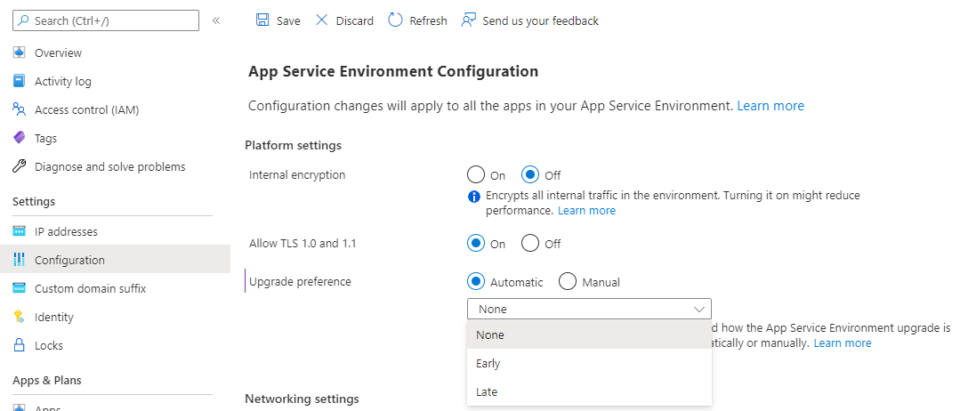 Screenshot di un riquadro di configurazione per selezionare e aggiornare la preferenza di aggiornamento per il ambiente del servizio app.