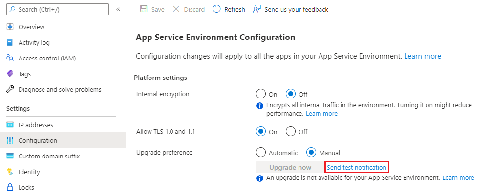Screenshot di un riquadro di configurazione per inviare notifiche di test per la ambiente del servizio app.